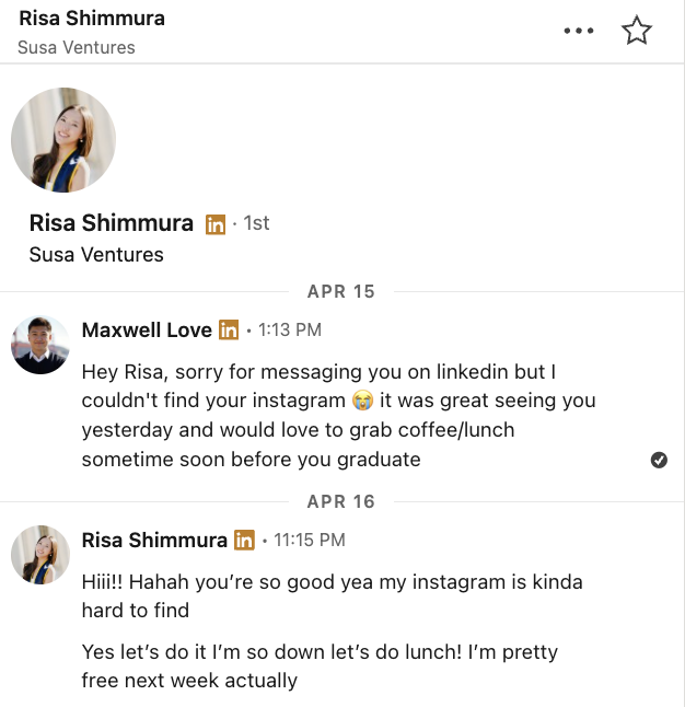 LinkedIn message asking her to lunch
